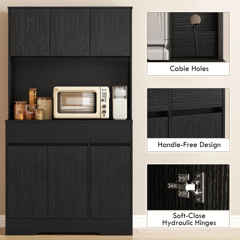 HOMCOM Buffetkeukenkast met werkblad, 6 deuren, hoge opbergkast met planken, zwart