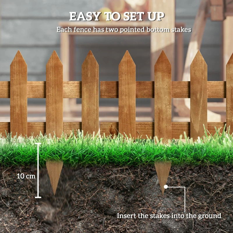 Outsunny Pack of 12 Wooden Border Fences, Garden Fixed Picket Fence for Lawn Edging, Flowerbed, 60L x 1D x 34H cm, Brown