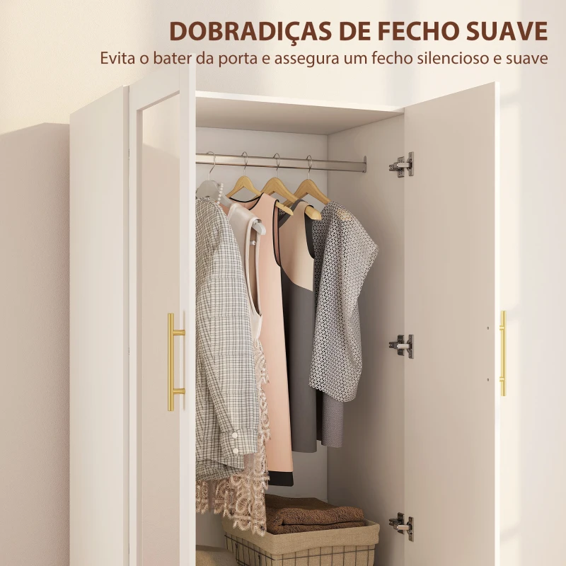 HOMCOM Roupeiro com Espelho 2 Portas e 2 Gavetas Relevo de Diamante Barra para Pendurar Estilo Moderno 80x50x180 cm Branco