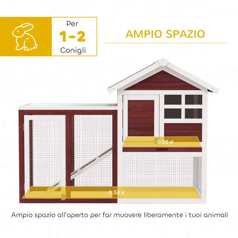 PawHut Conigliera da Esterno in Legno con Casetta per Conigli e Rampa, 123.5x62.6x92.5 cm, Marrone e Bianco