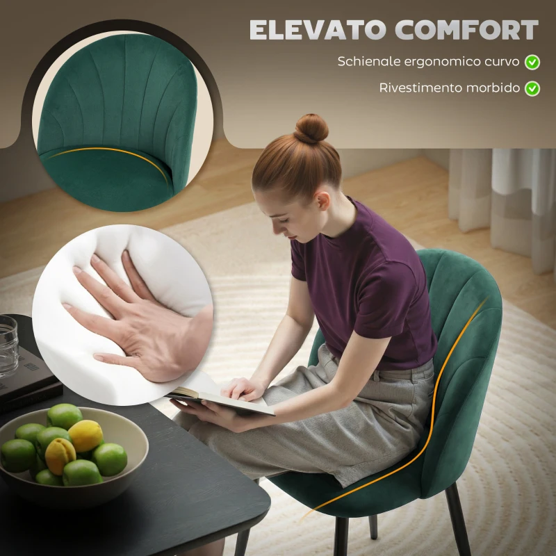 HOMCOM Set 2 Sedie da Pranzo Imbottite con Schienale a Conchiglia in Velluto, 52x55x79 cm, Verde Scuro