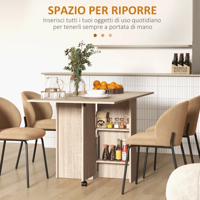 HOMCOM Tavolo Pieghevole con 2 Ribalte per 6 Persone con Ripiani e Rotelle Integrate, Legno Naturale