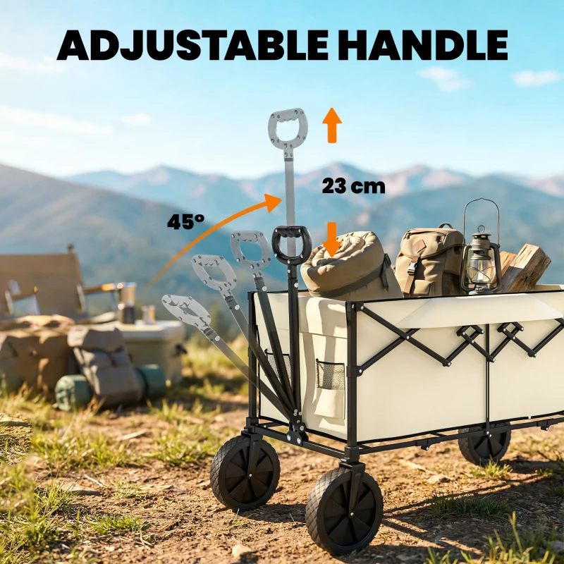 Outsunny 95L Foldable Festival Trolley on Wheels, Collapsible Wagon Cart with Adjustable Handle and 2 Cup Holders, Khaki