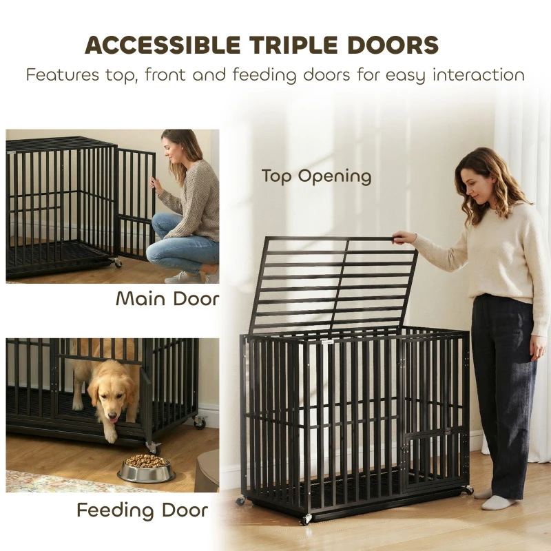 PawHut Heavy Duty Dog Crate, Dog Cage with Wheels for Medium Large Breeds, Metal Pet Kennel with Removable Tray