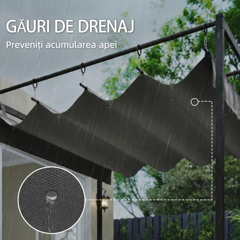 Outsunny Pergolă montată 3x3 m cu acoperiș retractabil glisant, guri de drenaj, pergolă de grădină din poliester și oțel, pentru terasă, curte, exterior, UV30+, Gri Închis