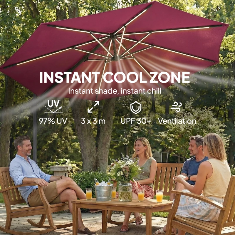 Outsunny 3 m Garden Cantilever Parasol with LED Solar Light, Round Overhanging Umbrella with 360° Rotation, Cover, Wine Red