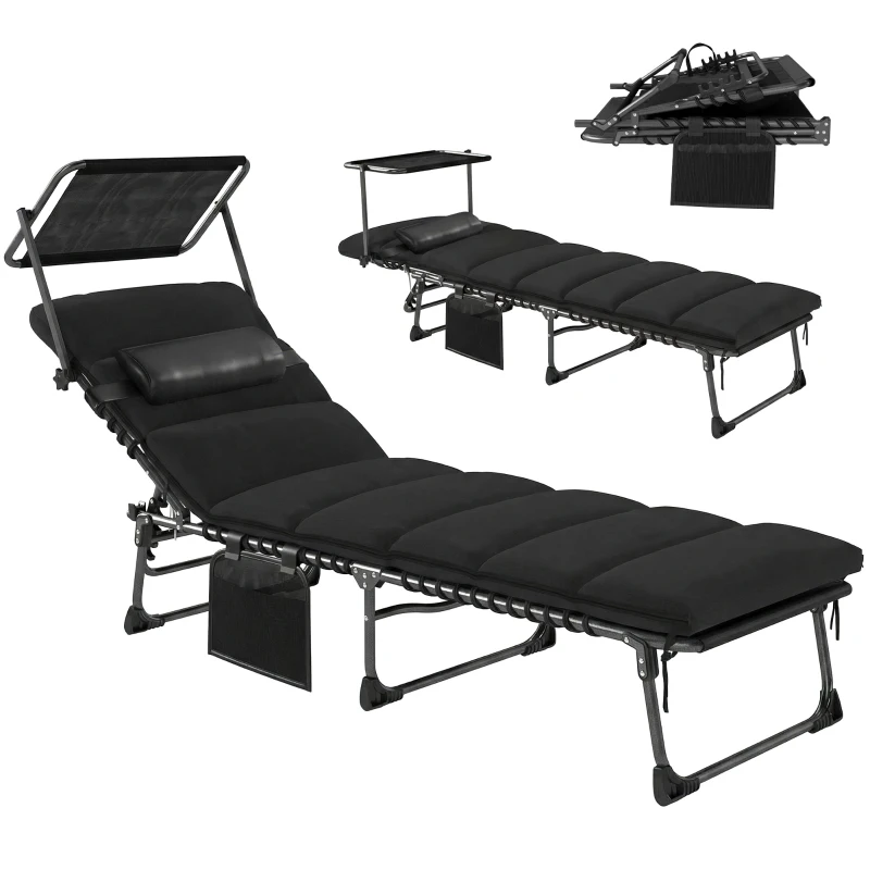 Outsunny Folding Sun Lounger with Canopy, Reclining Sunbed with Cushion, Side Pocket, Carrying Handle, Black