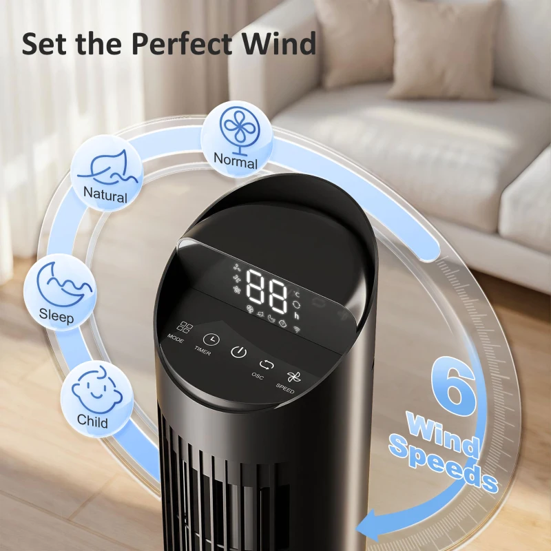 HOMCOM Tower Fan with WiFi App Control Standing Floor Cooling Fan Remote Control 101.8 cm Black