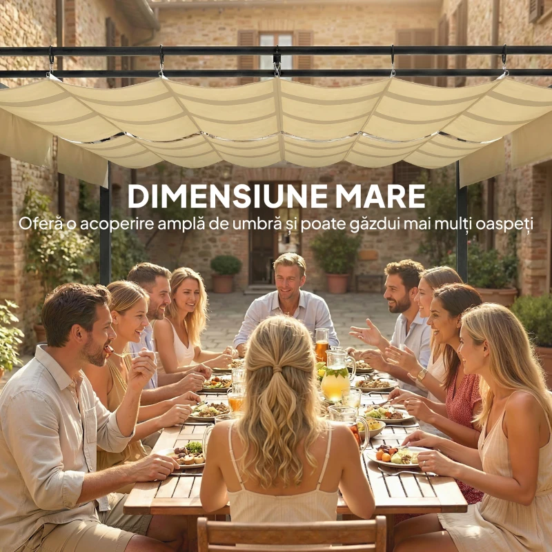 Outsunny Pergolă Gazebo 5.7x2.95 m, Pergolă de Grădină cu Acoperiș Retractabil și Glisant, Găuri de Drenaj, din Poliester și Metal, Pergolă pentru Exterior, Terasă, UV50+, Bej