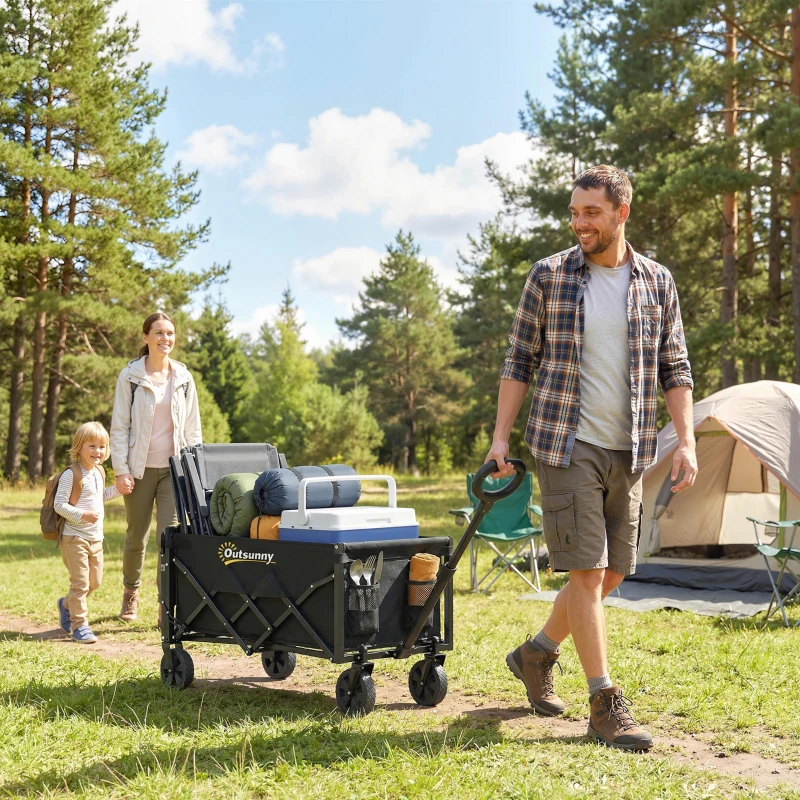 Outsunny Bolderkar 80L Opvouwbare Handkar Tuinkar Transportkar met Telescoopgreep Achterklep Bekerhouders