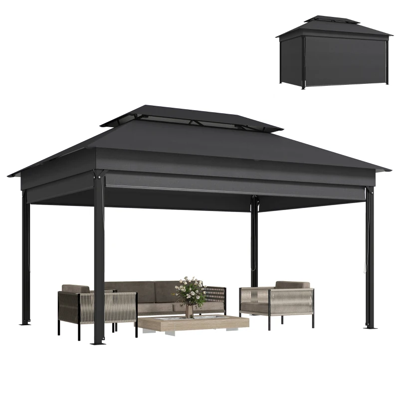 Outsunny Foișor de Grădină 4x3 m cu Perdele Laterale Rulante, Foișor Exterior cu 8 Orificii de Drenaj, Acoperiș Dublu și Structură Metalică, pentru Grădină, Balcon, Petreceri, Curte, Terasă, Gri Închis
