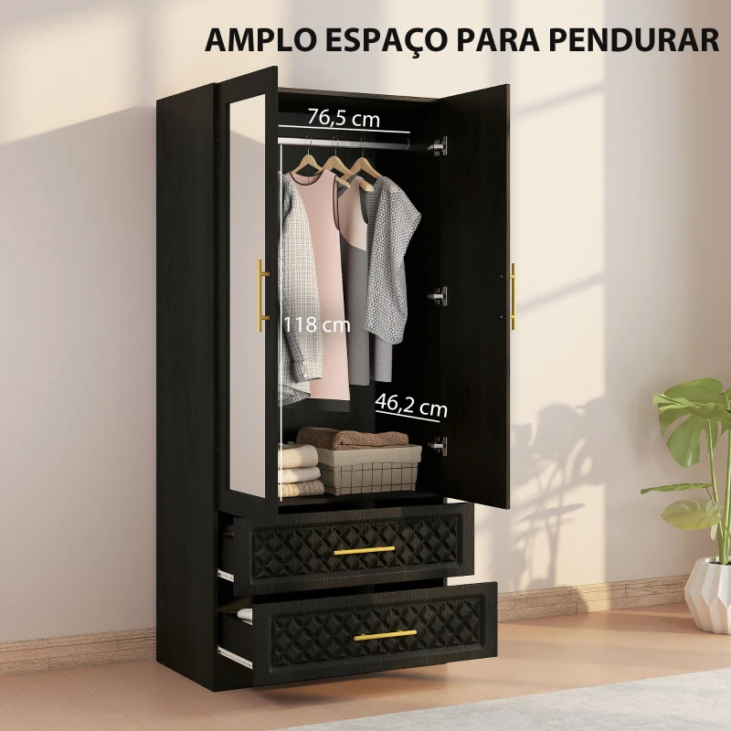 HOMCOM Roupeiro com Espelho 2 Portas e 2 Gavetas Relevo de Diamante Barra para Pendurar Estilo Moderno 80x50x180 cm Preto