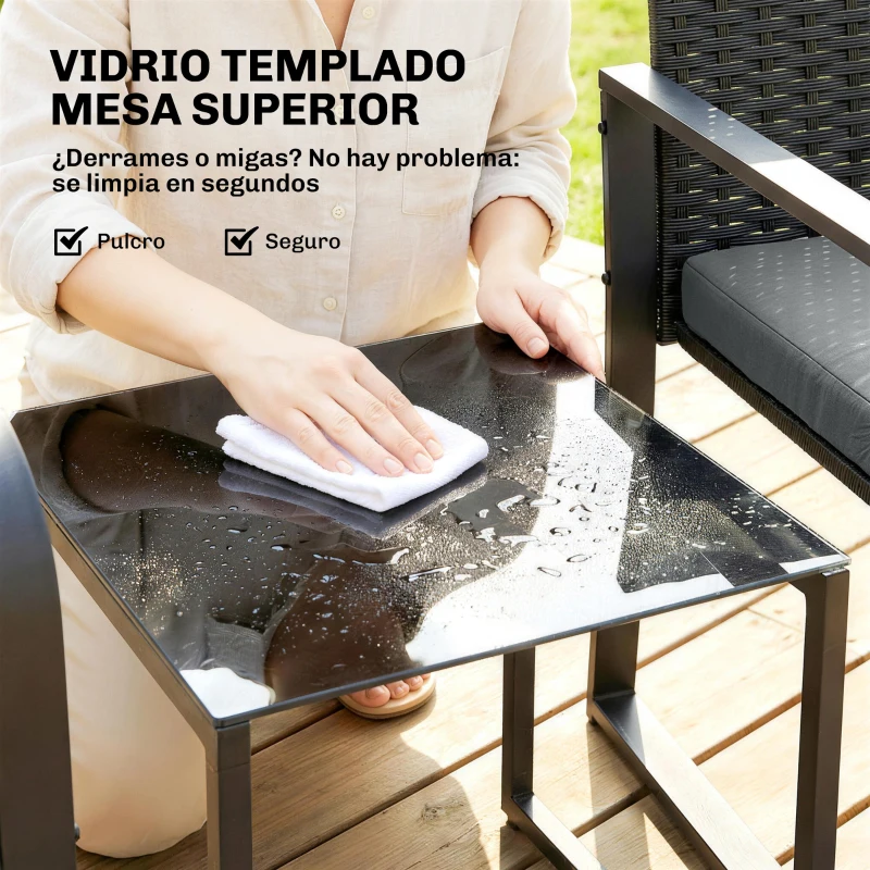 Outsunny Ensemble de meubles de jardin en rotin synthétique avec 2 fauteuils avec coussins et table avec plateau en verre gris