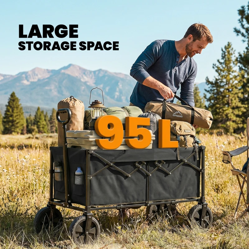 Outsunny 95L Foldable Festival Trolley on Wheels, Collapsible Wagon Cart with Adjustable Handle and 2 Cup Holders, Black