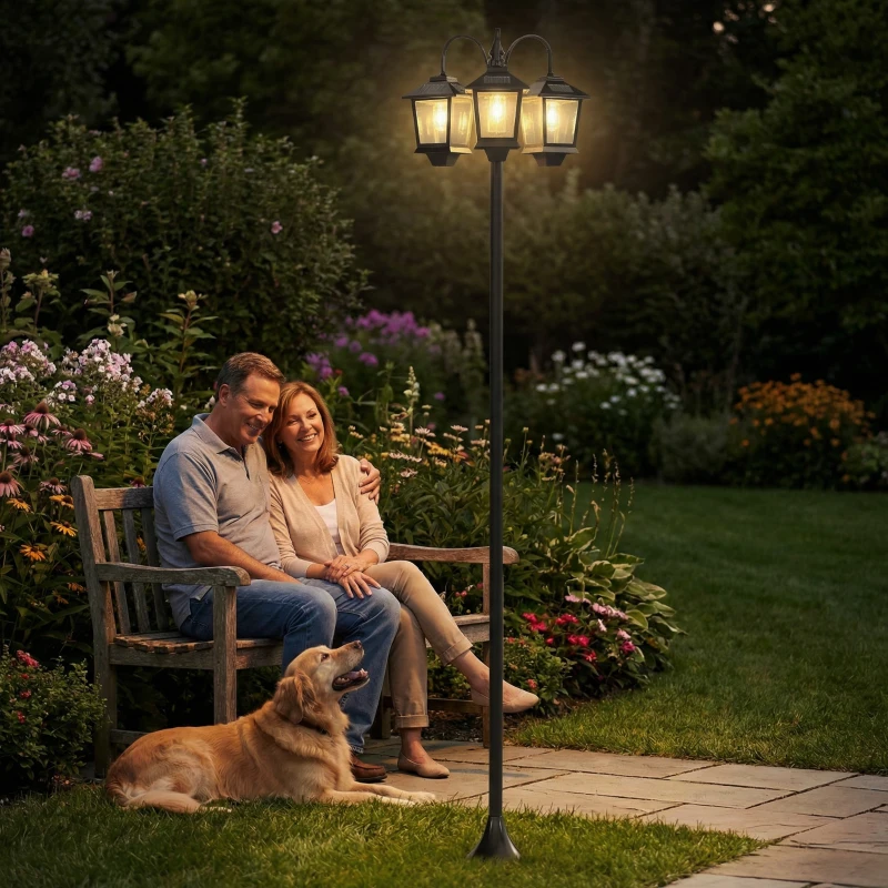 Outsunny Lampione solare da giardino a 3 teste con LED e sensore crepuscolare, Nero