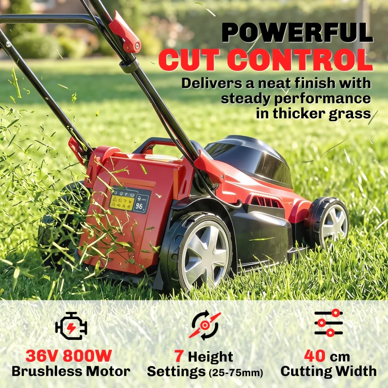 Outsunny Elektrische Grasmaaier 800 W met 40 cm Snijbreedte 45L Vangbak Accu-indicator Overbelastingsbeveiliging 7 Maaihoogtes