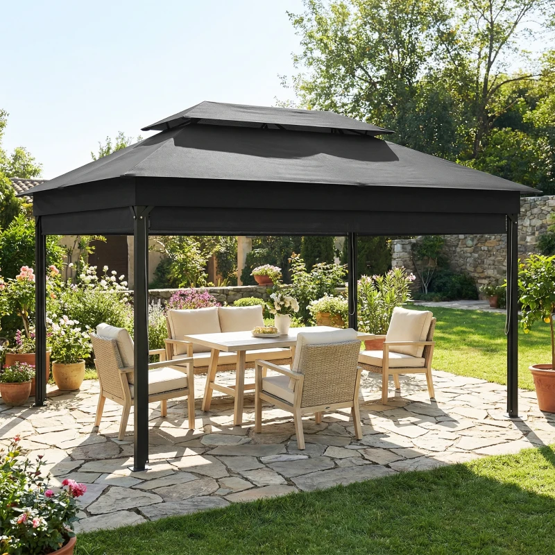 Outsunny Foișor de Grădină 4x3 m cu Perdele Laterale Rulante, Foișor Exterior cu 8 Orificii de Drenaj, Acoperiș Dublu și Structură Metalică, pentru Grădină, Balcon, Petreceri, Curte, Terasă, Gri Închis
