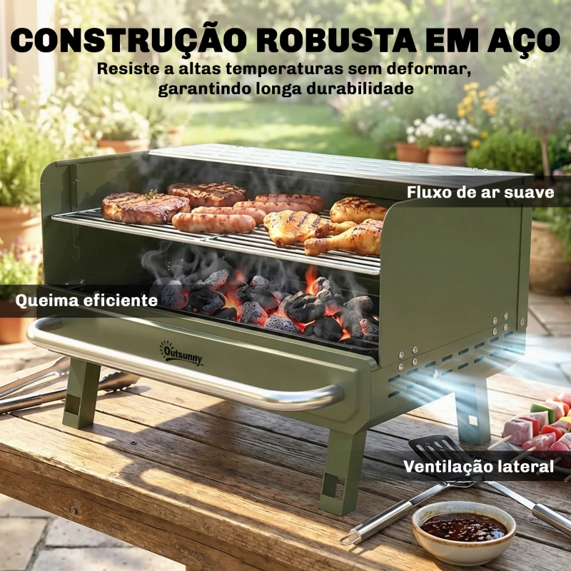 Outsunny Churrasqueira a Carvão Dobrável 52x37x31,8 cm com Grelha Ajustável Prateleira Lateral Dobrável e Bandeja Removível Verde
