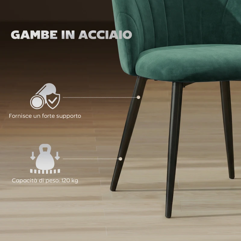 HOMCOM Set 2 Sedie da Pranzo Imbottite con Schienale a Conchiglia in Velluto, 52x55x79 cm, Verde Scuro