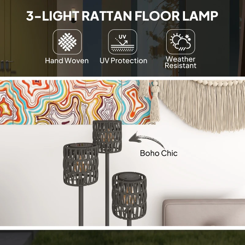 Outsunny Boho Rattan Floor Lamp, 3-Lights Rattan Lamp with Shelf, Freestanding Solar Garden Light with Auto On/Off Lights, Grey