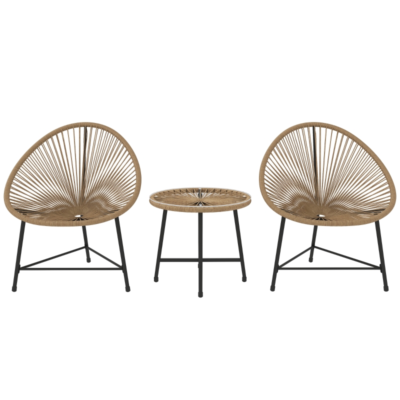 Outsunny 3-delige Tuinmeubelset, 2 Kunststofrattan Stoelen, 1 Tafel met Glazen Blad, Stalen Frame, Buiten Zitmeubels, Lichtbruin
