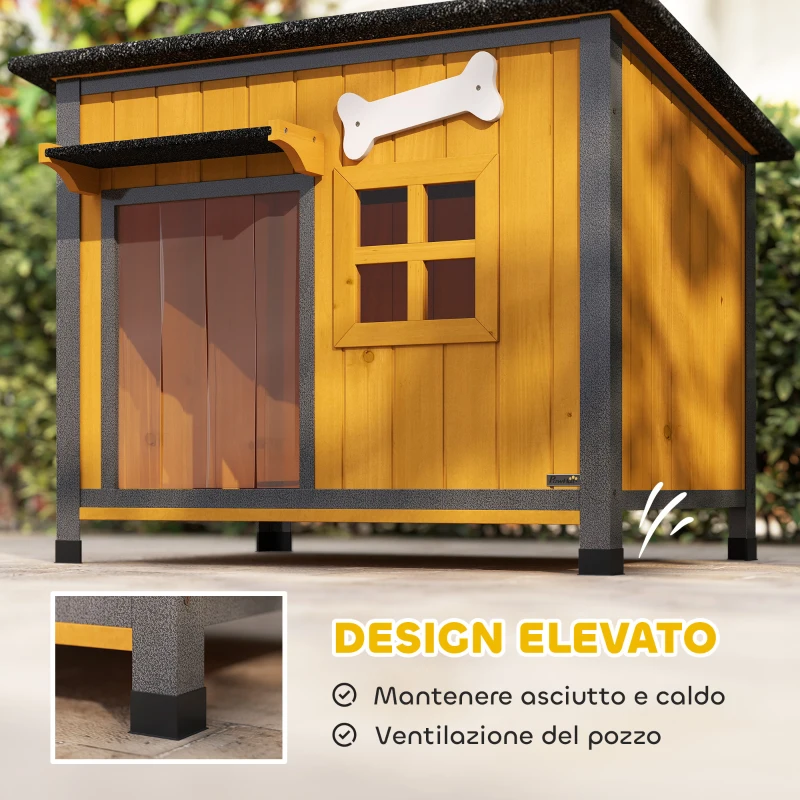 PawHut Cuccia per Cani da Esterno in Legno e Acciaio Anti-Morso, Tetto Apribile e Tenda per Porta, Giallo