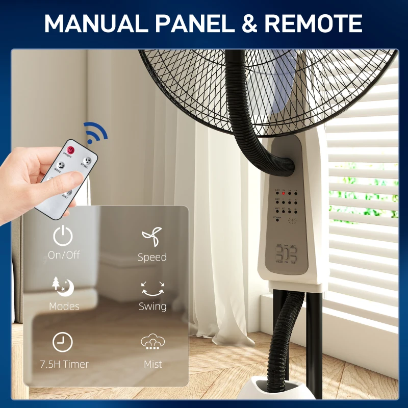 HOMCOM Pedestal Fan with Water Mist Spray 3 Speeds 2.8L Water Tank, White