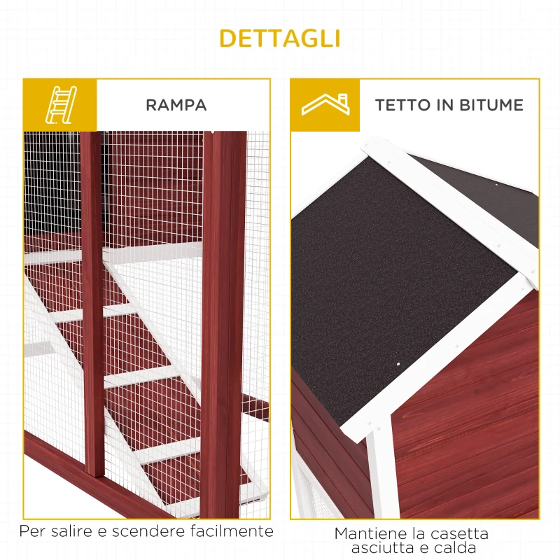 PawHut Conigliera da Esterno in Legno con Casetta per Conigli e Rampa, 123.5x62.6x92.5 cm, Marrone e Bianco