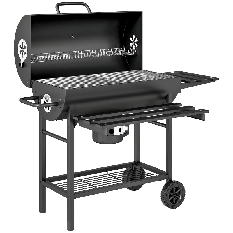 Outsunny Houtskoolgrill van Staal BBQ Smoker met Deksel Handgrepen Thermometer Wielen Verplaatsbaar 114 x 65 x 95 cm