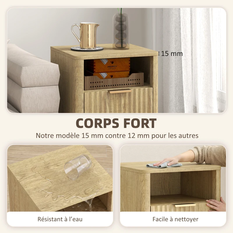 HOMCOM Lot de 2 tables de chevet, tables de nuit avec 2 tiroirs et compartiment ouvert, coins arrondis, 40 x 40 x 61 cm, chêne