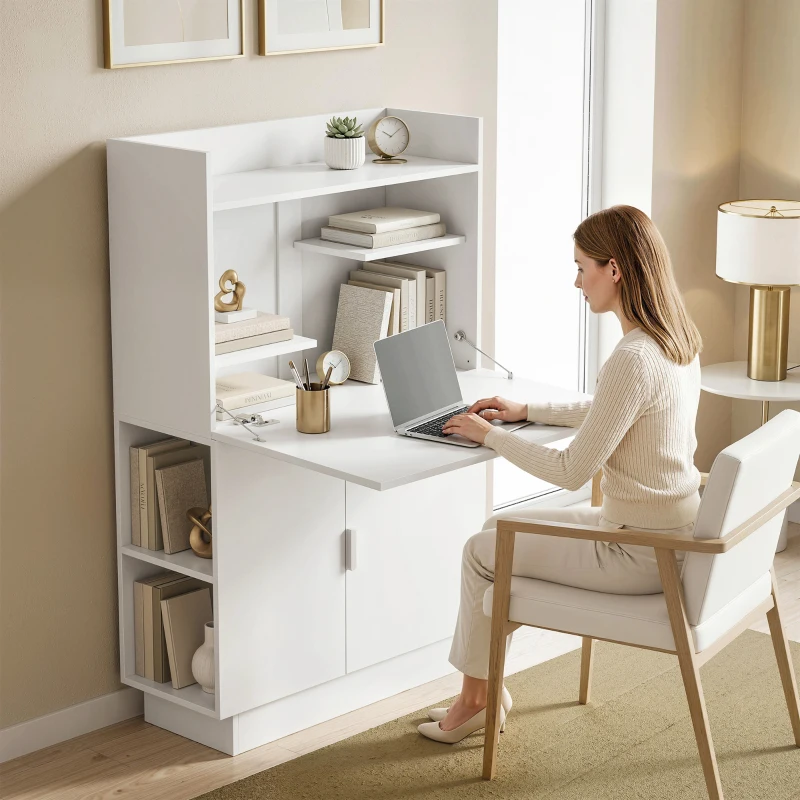 HOMCOM Secretária de computador dobrável, mesa de computador com tampo rebatível, prateleiras e armário, 80x30x128cm, branco