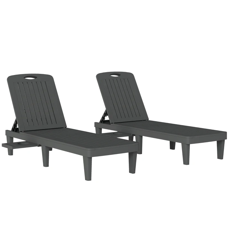 Outsunny Lot de 2 chaises longues de jardin en plastique PP avec plateau latéral, inclinables à 5 positions, gris
