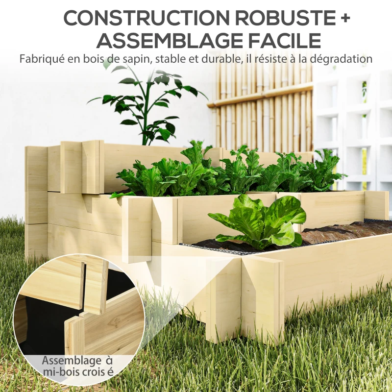 Outsunny Carré Potager de jardin en Bois massif, Jardinière Surélevé en Escalier 3 Niveaux, 93 x 93 x 35 cm, effet Bois Naturel