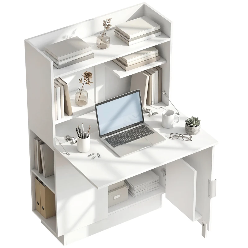 HOMCOM Secretária de computador dobrável, mesa de computador com tampo rebatível, prateleiras e armário, 80x30x128cm, branco