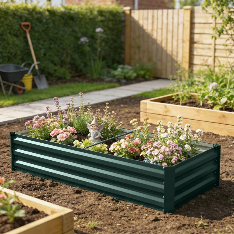 Outsunny Canteiro Retangular Horta de Jardim em Aço Galvanizado Borda de Segurança e Fundo Aberto 150x70x30 cm Verde