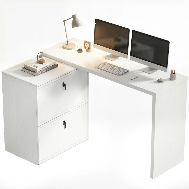 HOMCOM Secretária Reversível em Forma de L com 2 Gavetões Arquivadores, Design Moderno para Espaços Pequenos, Escritório Branco