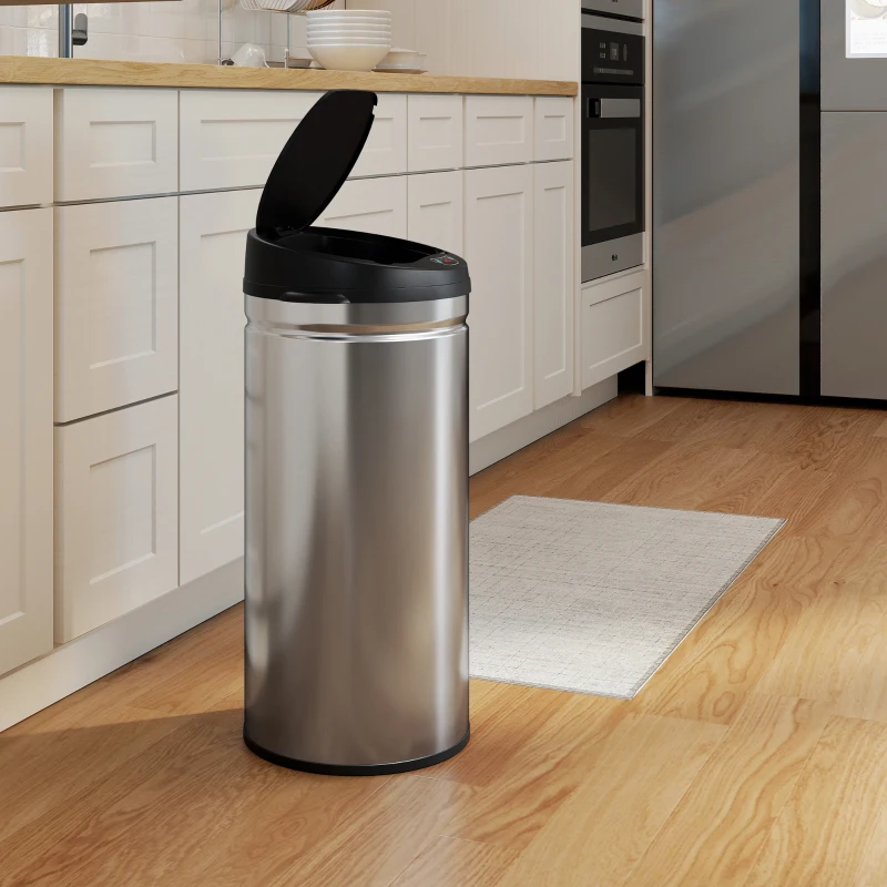 HOMCOM Poubelle cuisine automatique 42L acier inoxydable, poubelle à couvercle à fermeture en douceur, 30,5x30,5x68cm, argent