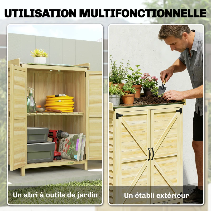 Outsunny Armoire de jardin, armoire extérieure de rangement en bois, plan de travail en métal galvanisé, 71,5x39x95cm, naturel
