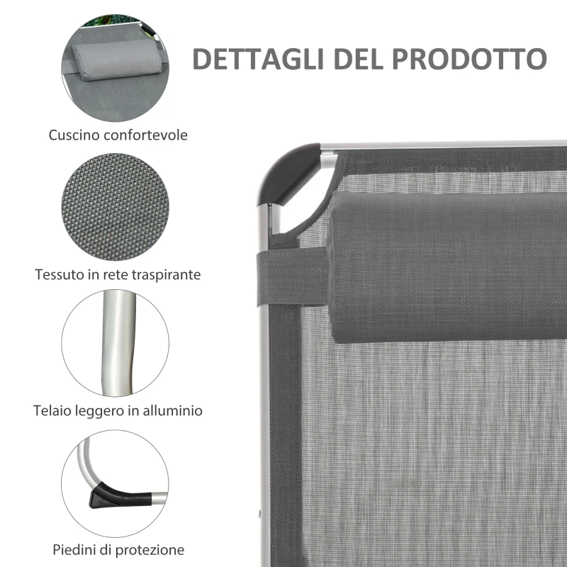 Outsunny Sdraio Pieghevole con Poggiatesta e Schienale Regolabile in Alluminio 60x165x76cm Grigio
