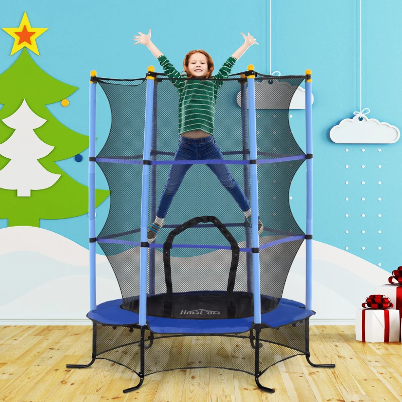 HOMCOM Trampoline Enfant Ø 1,63 × 1,9H m Filet de sécurité Porte zipée Couvre-Ressorts 6 poteaux rembourrés Inclus Bleu