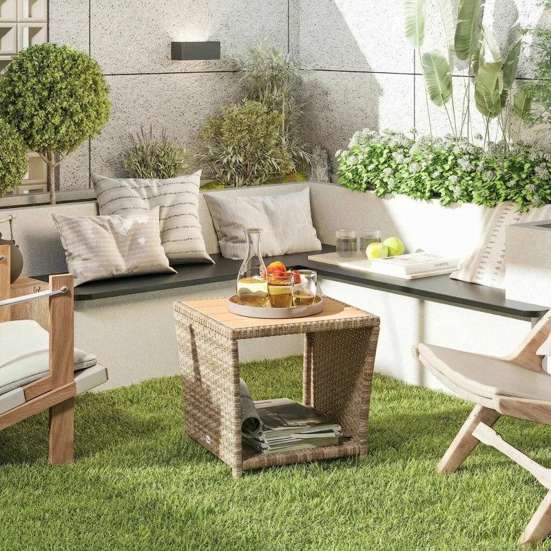 Outsunny Side Table 2-Tier Outdoor Coffee Table with Storage Shelf PS Wood Slat Top/Khaki