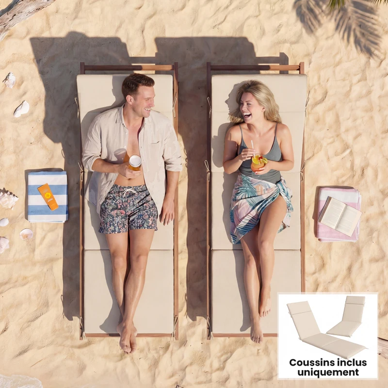 Outsunny Lote de 2 Almofadas para Espreguiçadeira Banho de Sol com 6 Fitas, Proteção UV, 183x53,5x6,5cm, Creme