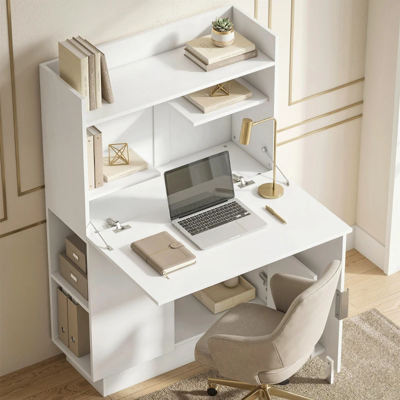 HOMCOM Escritorio de ordenador plegable, escritorio informático con superficie abatible, estantes y armario, 80x30x128cm, blanco