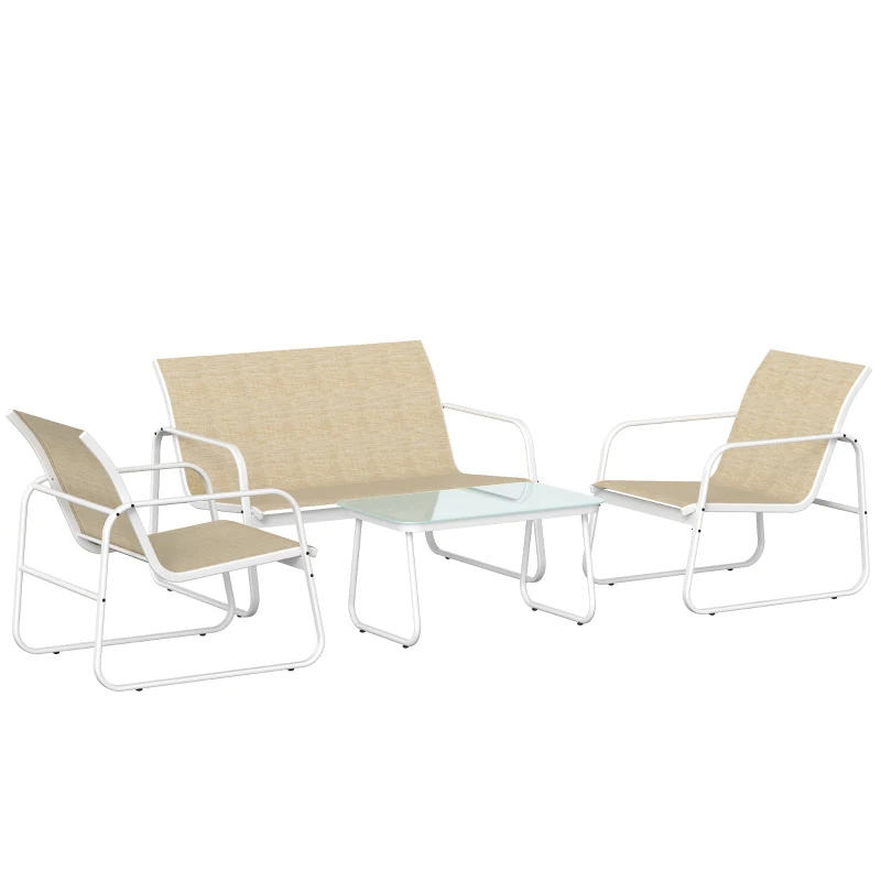 Outsunny Salon de Jardin 4 Pièces avec Canapé 2 Places, 2 Fauteuils et Table, en Acier Textilène Verre Trempé, 112x73x74 cm, Kaki