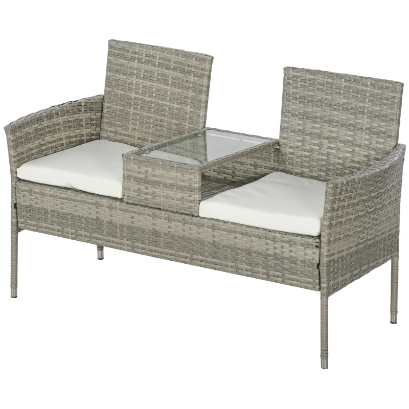 Outsunny Banco de Jardim em Resina Trançada 2 Lugares com Mesa e Almofadas 135x64x81 cm para Varanda e Terraço Preto