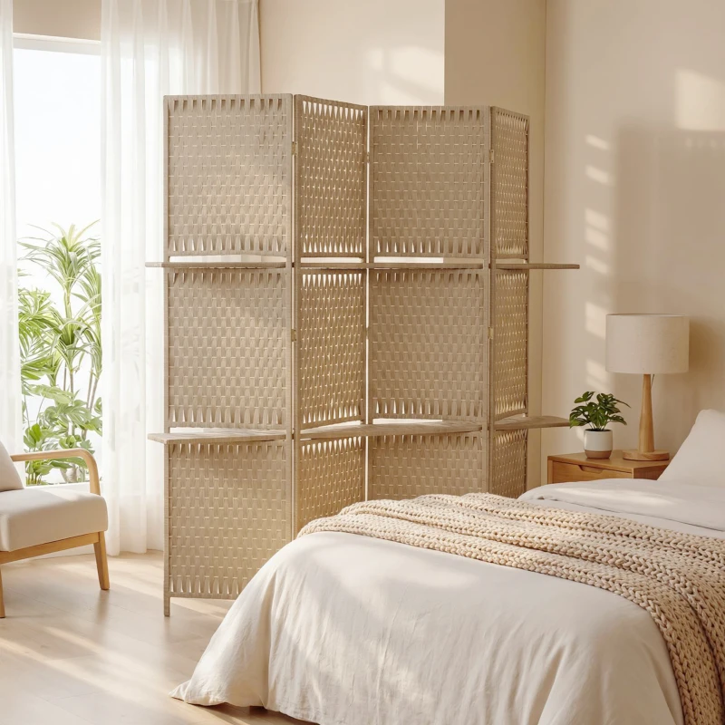 HOMCOM Separador de ambientes 4 painéis 2 prateleiras dobráveis palha natural