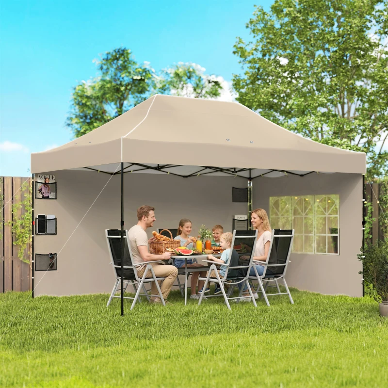 Outsunny Gazebo 3x4,3 m UPF50+ Telhado Paredes Bolsa com Rodas Tenda de Jardim Castanho Areia
