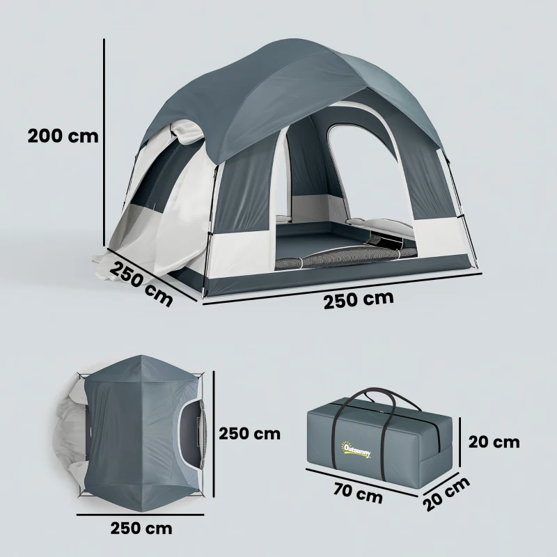 Outsunny Barraca de camping para 2-4 pessoas impermeável tenda familiar com 3 portas cobertura de chuva removível lona de chão bolsa de transporte Azul escuro