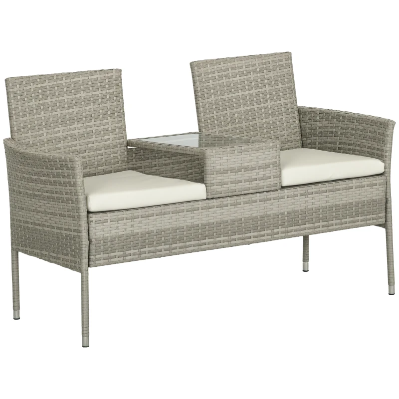 Outsunny Banco de Jardim em Resina Trançada 2 Lugares com Mesa e Almofadas 135x64x81 cm para Varanda e Terraço Preto