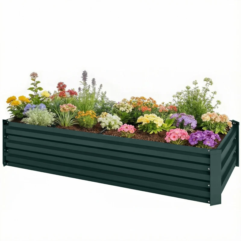 Outsunny Canteiro Retangular Horta de Jardim em Aço Galvanizado Borda de Segurança e Fundo Aberto 150x70x30 cm Verde